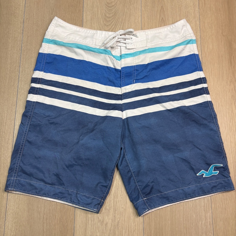 Y2K Hollister Mens Blue White Striped Bird Board Shorts Swim Trunks Large 9"
